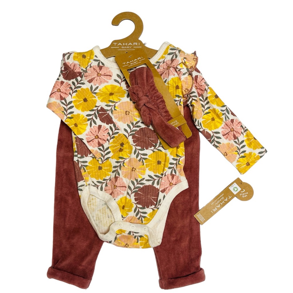 💯 Organic Cotton Tahari Baby Girls Floral 3 Piece Onesie Pant Outfit Set